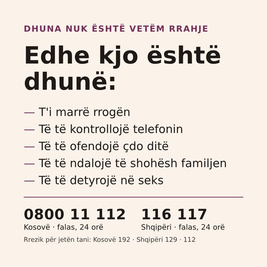 Dhuna nuk është vetëm rrahje: t'i marrë rrogën, të të kontrollojë telefonin, të të ofendojë çdo ditë, të të ndalojë të shohësh familjen, të të detyrojë në seks.